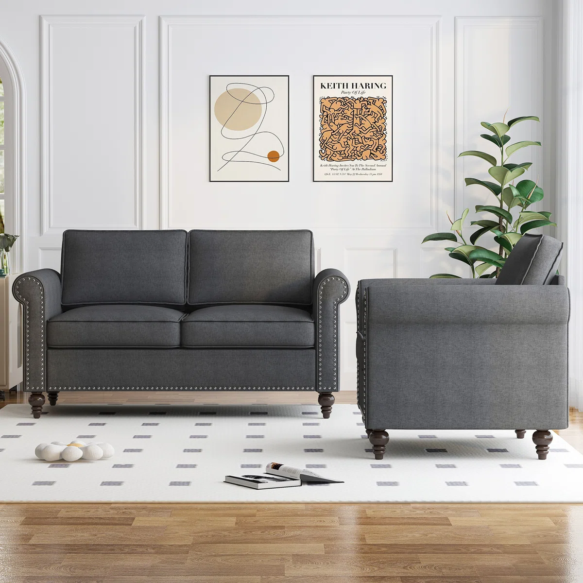 2-Piece Microfiber Loveseat Sofa Set with Wooden Frame