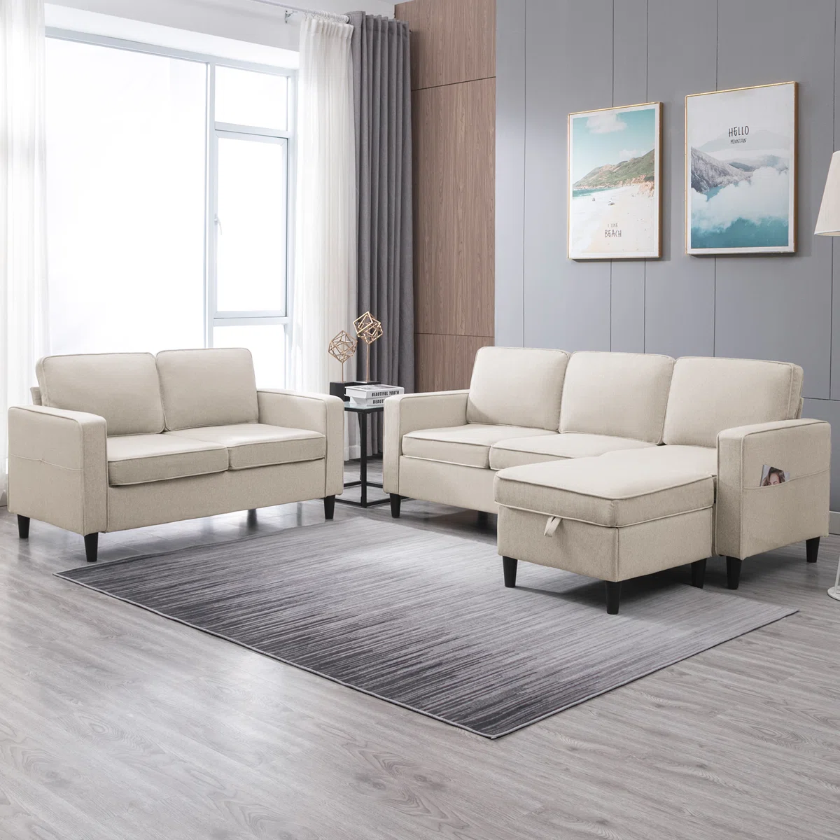 3-Piece Linen Living Room Set with Storage Ottoman,Sectional Sofa & Loveseat with Side Pockets,Beige - Image 3