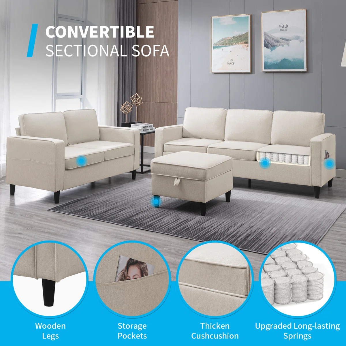 3-Piece Linen Living Room Set with Storage Ottoman,Sectional Sofa & Loveseat with Side Pockets,Beige - Image 2