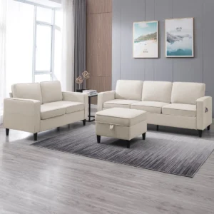 3-Piece Linen Living Room Set with Storage Ottoman,Sectional Sofa & Loveseat with Side Pockets,Beige