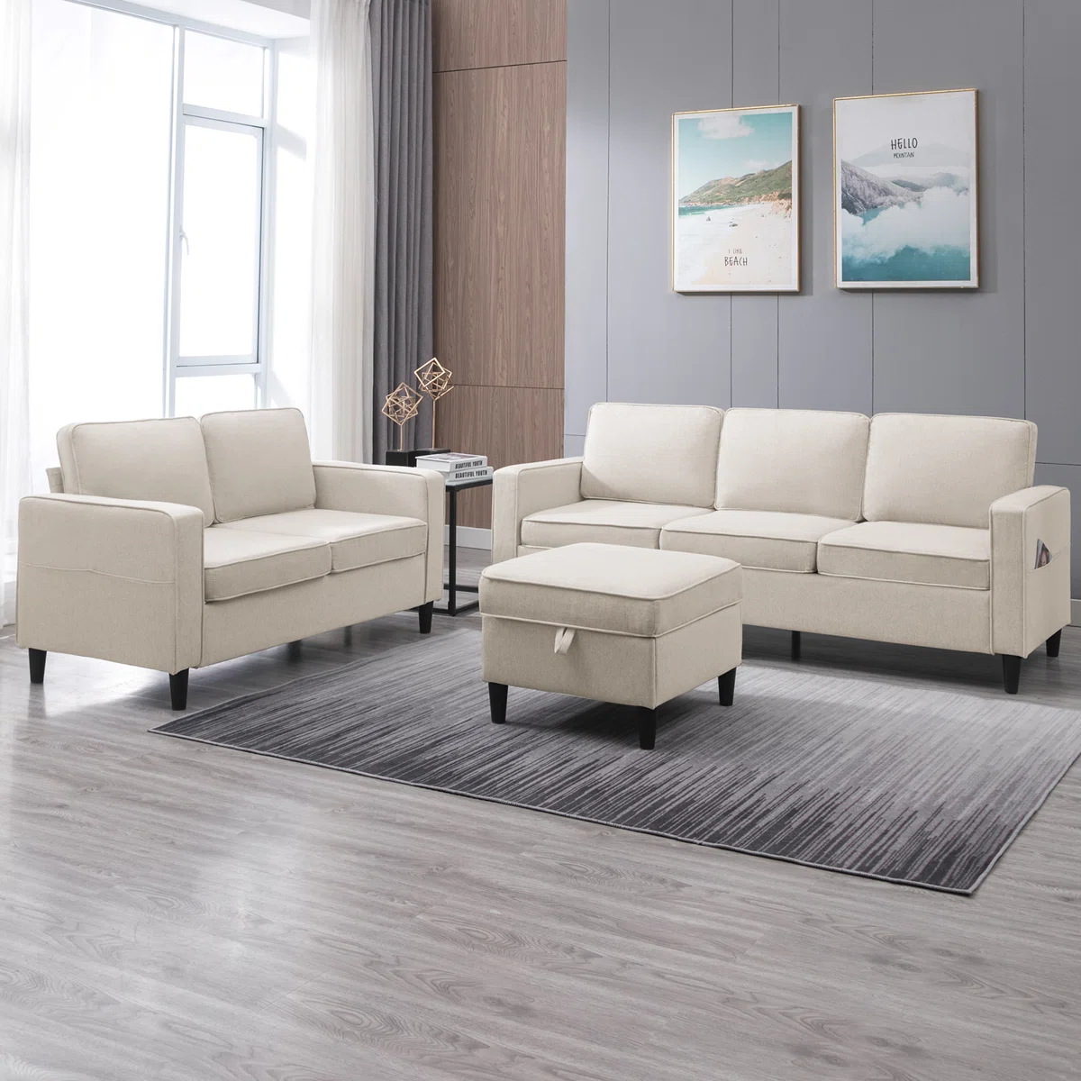 3-Piece Linen Living Room Set with Storage Ottoman,Sectional Sofa & Loveseat with Side Pockets,Beige