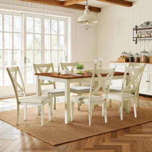 Deral 6 - Person Farmhouse Rectangular Solid Wood Dining Set, Brown/White
