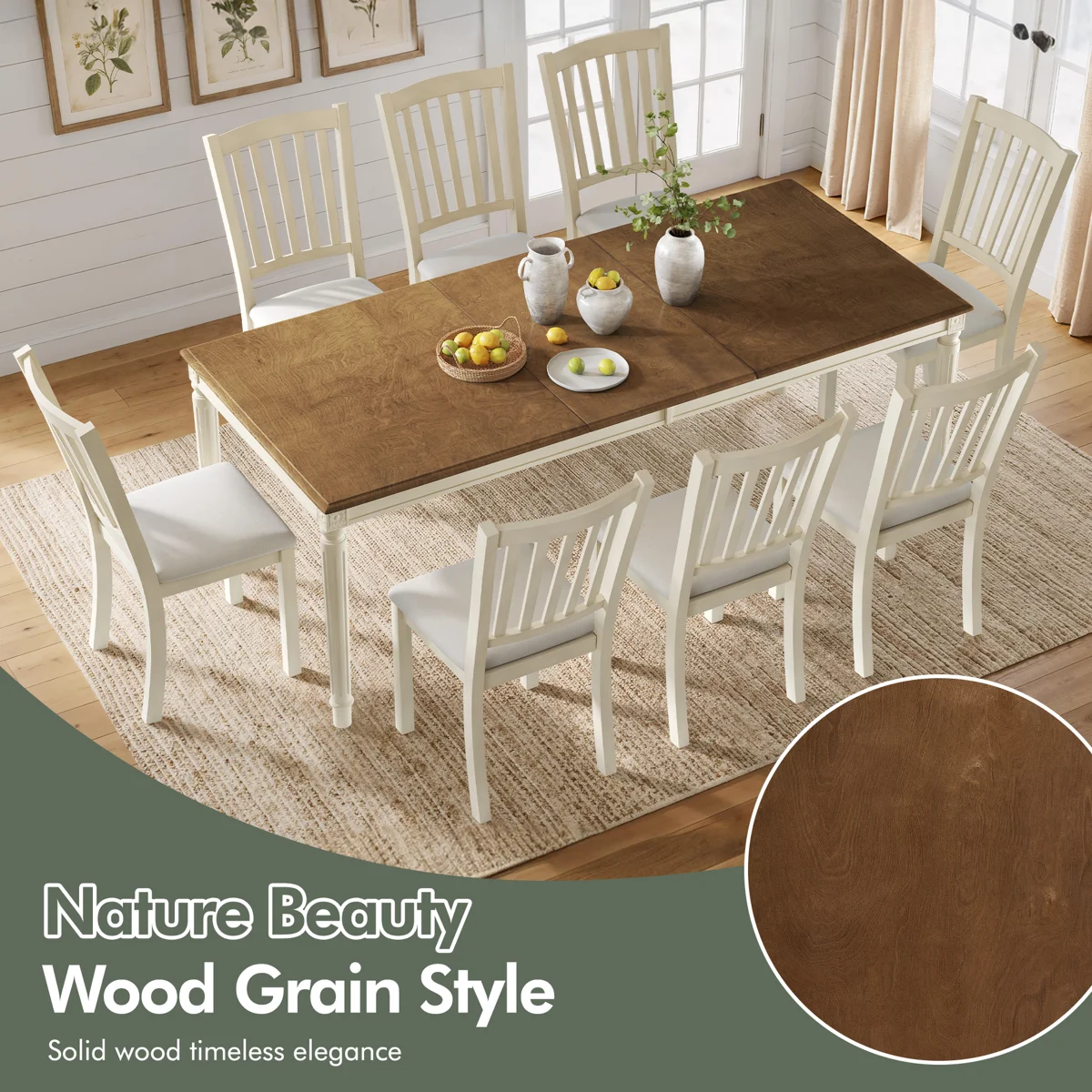 Deral 8 - Person Farmhouse Rectangular Solid Wood Dining Set,Brown/White - Image 3